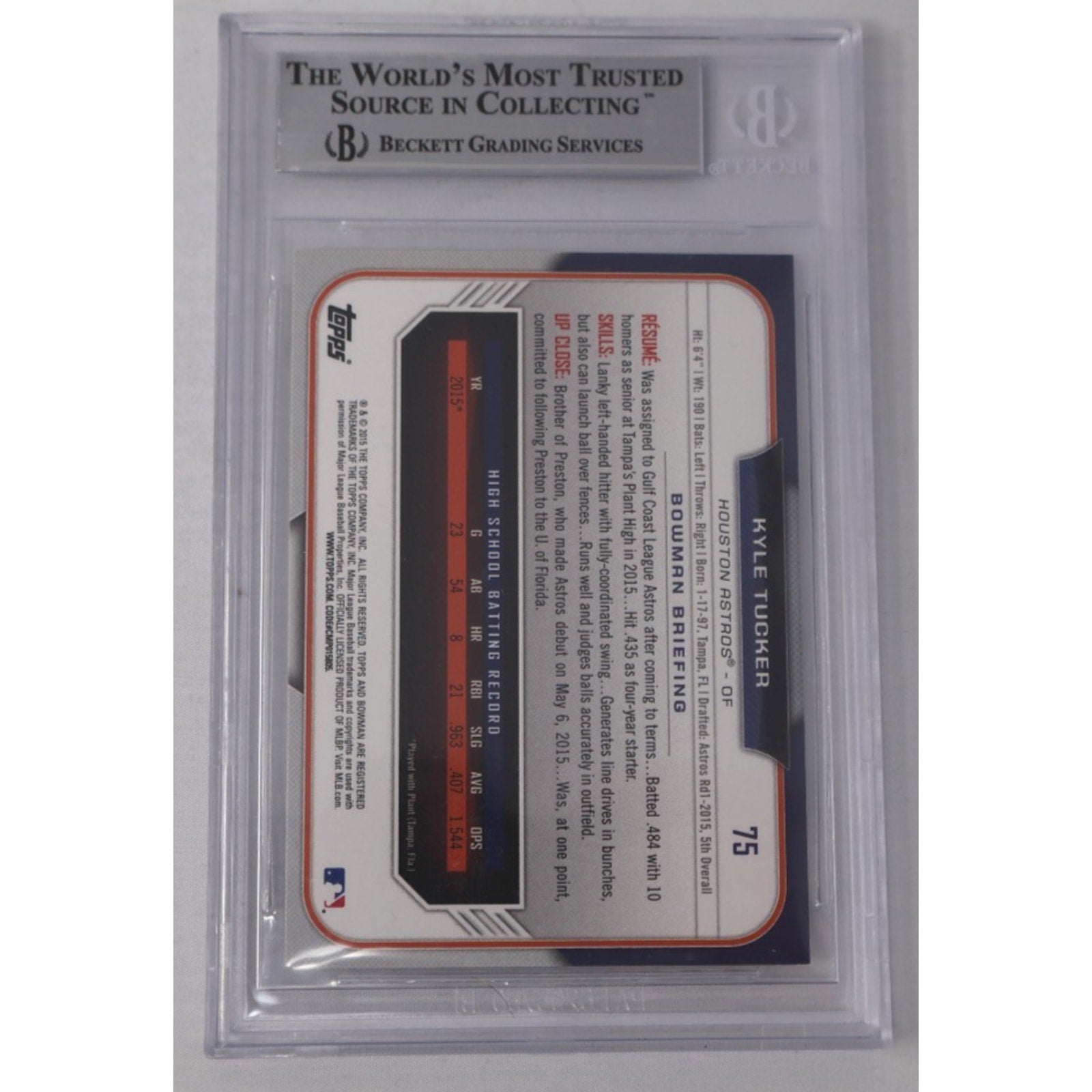 Back of Kyle Tucker Bowman Draft autograph rookie card showing Beckett authentication and card details