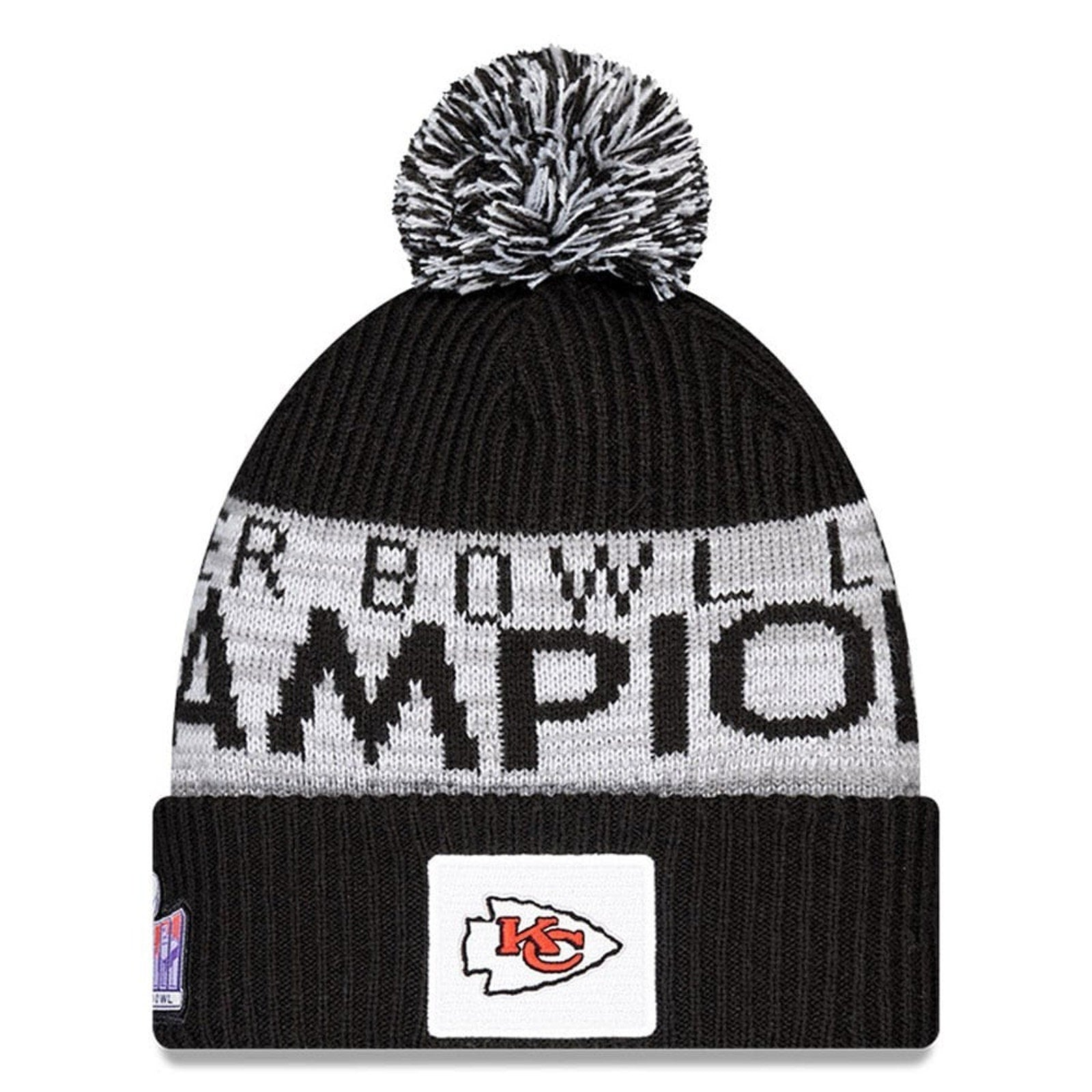 Kansas City Chiefs Super Bowl LVIII Champions cuffed pom knit hat in black and white with embroidered team logo