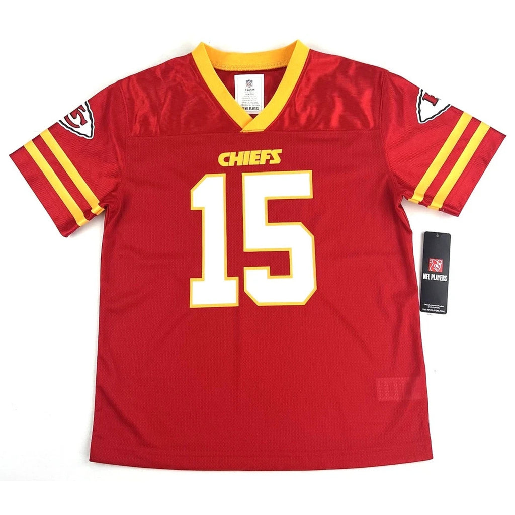 Kansas City Chiefs Patrick Mahomes youth home jersey in red with number 15 and official team graphics