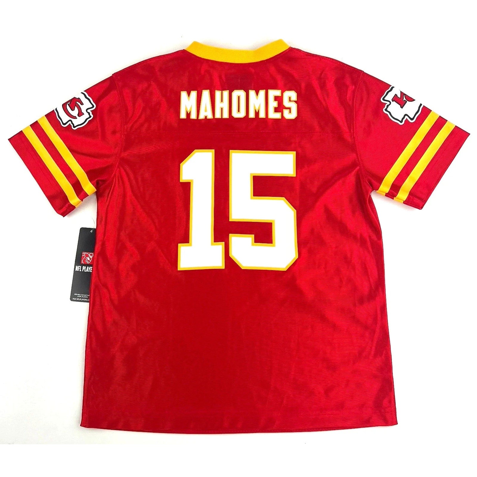 Front display of Patrick Mahomes youth football jersey in Chiefs red and gold colors