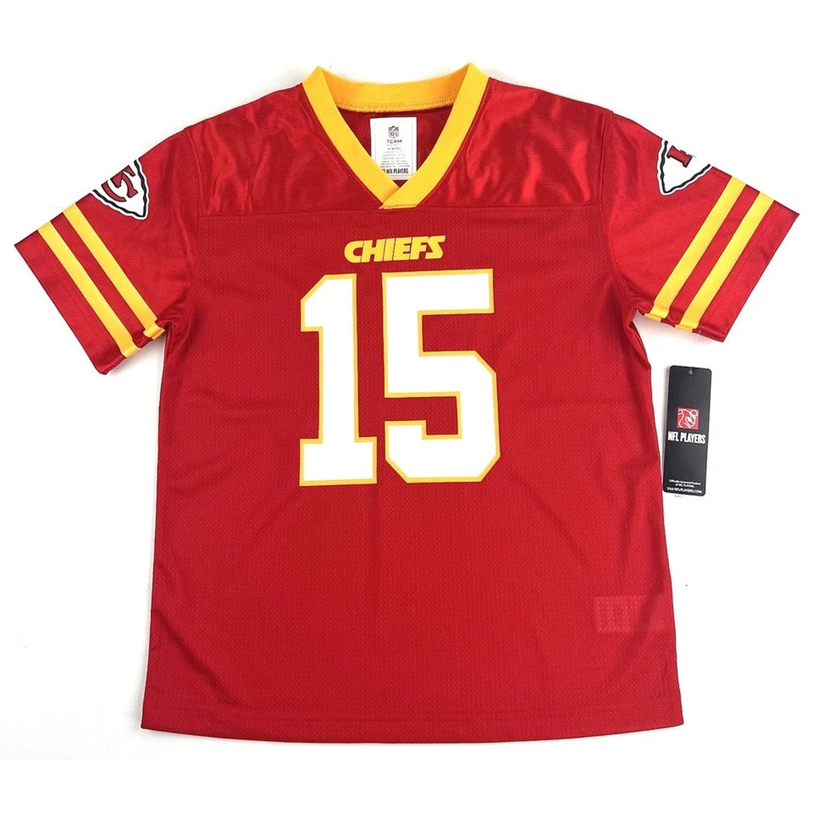 Kansas City Chiefs Patrick Mahomes youth home jersey in red with number 15 and official team graphics