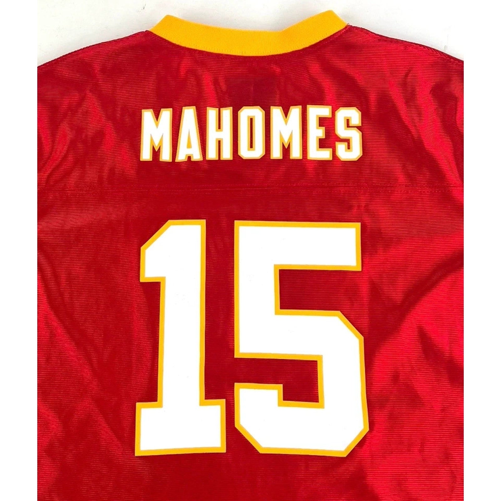 Back view of Chiefs jersey showing Mahomes nameplate and number 15