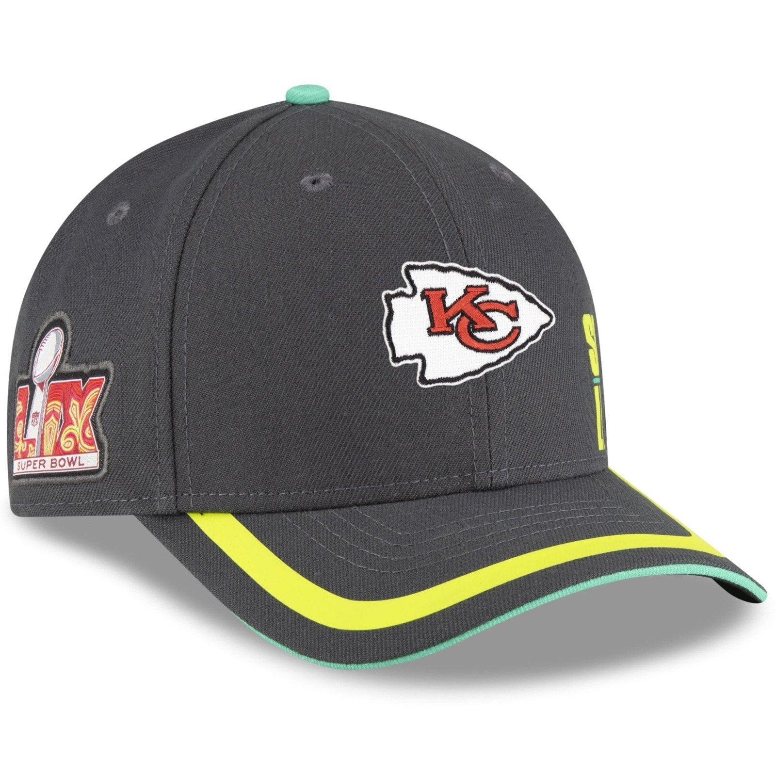 Kansas City Chiefs Super Bowl LIX New Era 9FORTY adjustable hat in gray with Chiefs logo and championship side patch