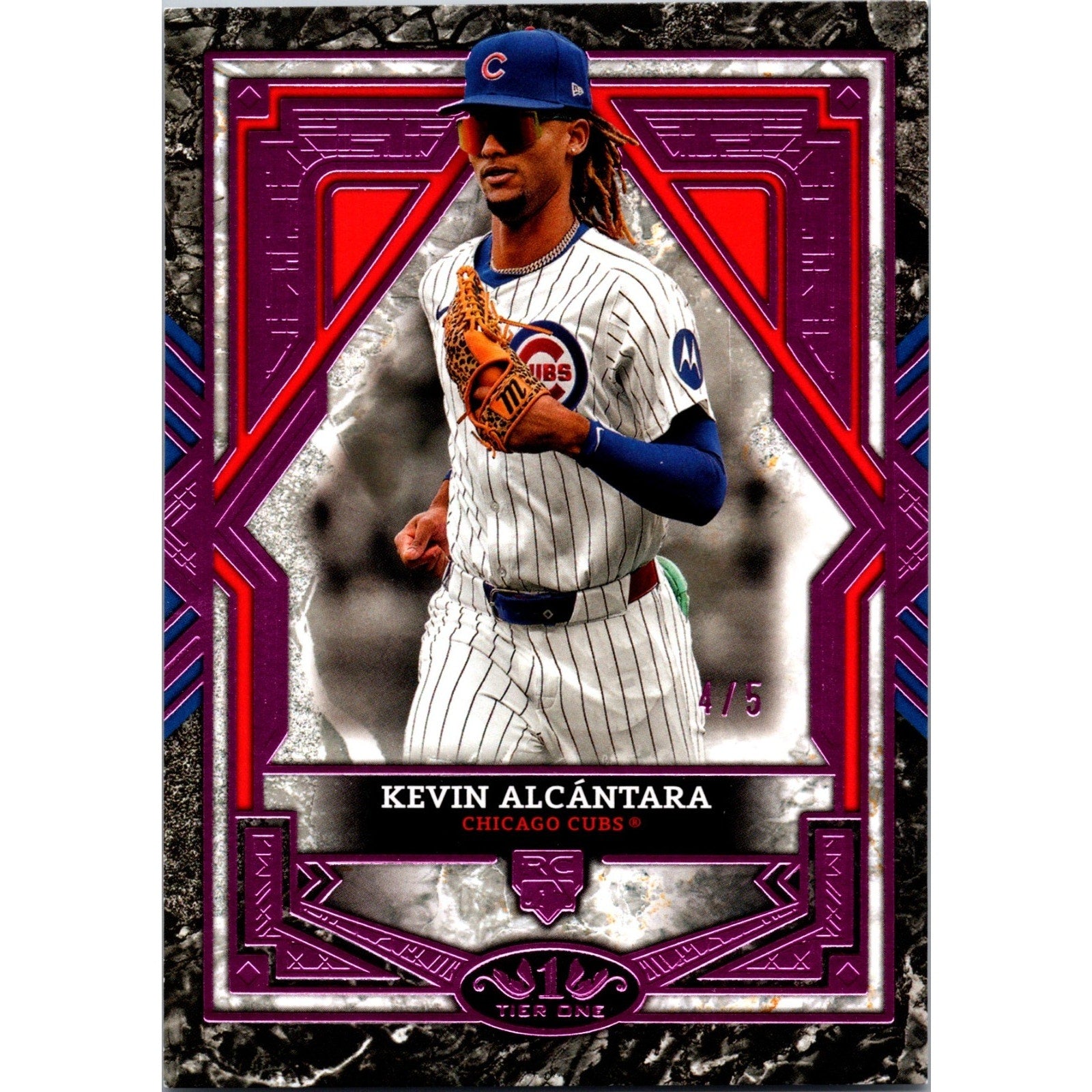 2025 Topps Tier One Kevin Alcantara Pink Rookie Card numbered 4 of 5 featuring Chicago Cubs prospect