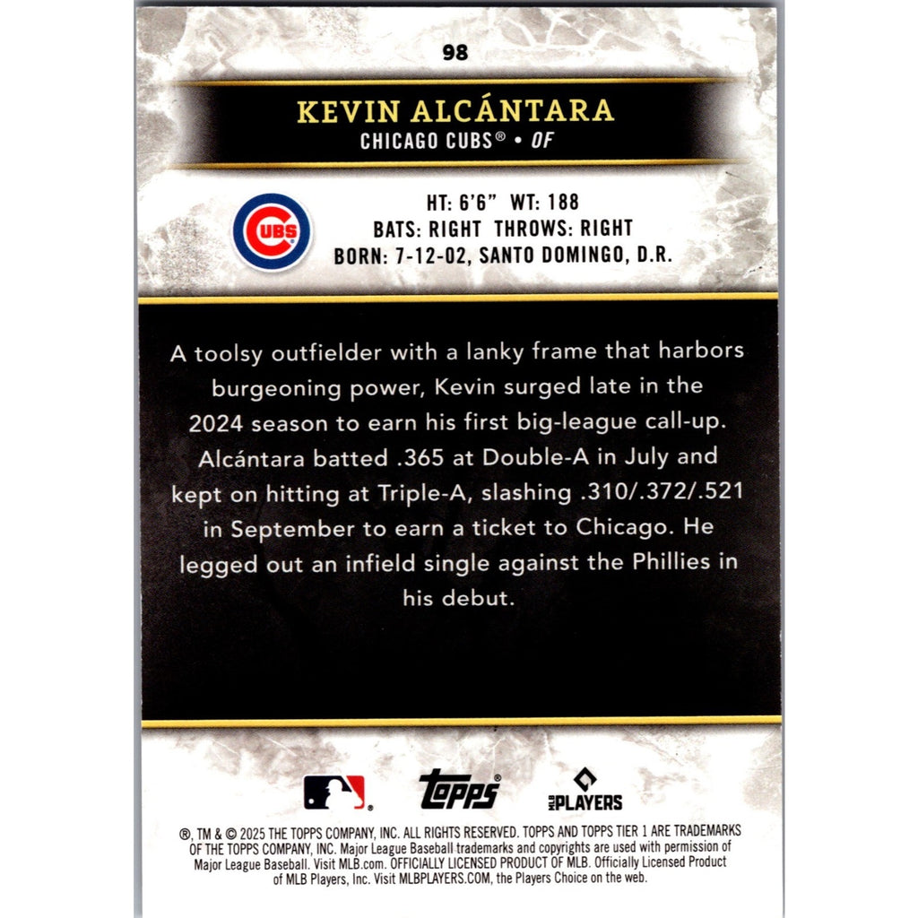 Back view of 2025 Topps Tier One Kevin Alcantara Pink Rookie RC card number 98