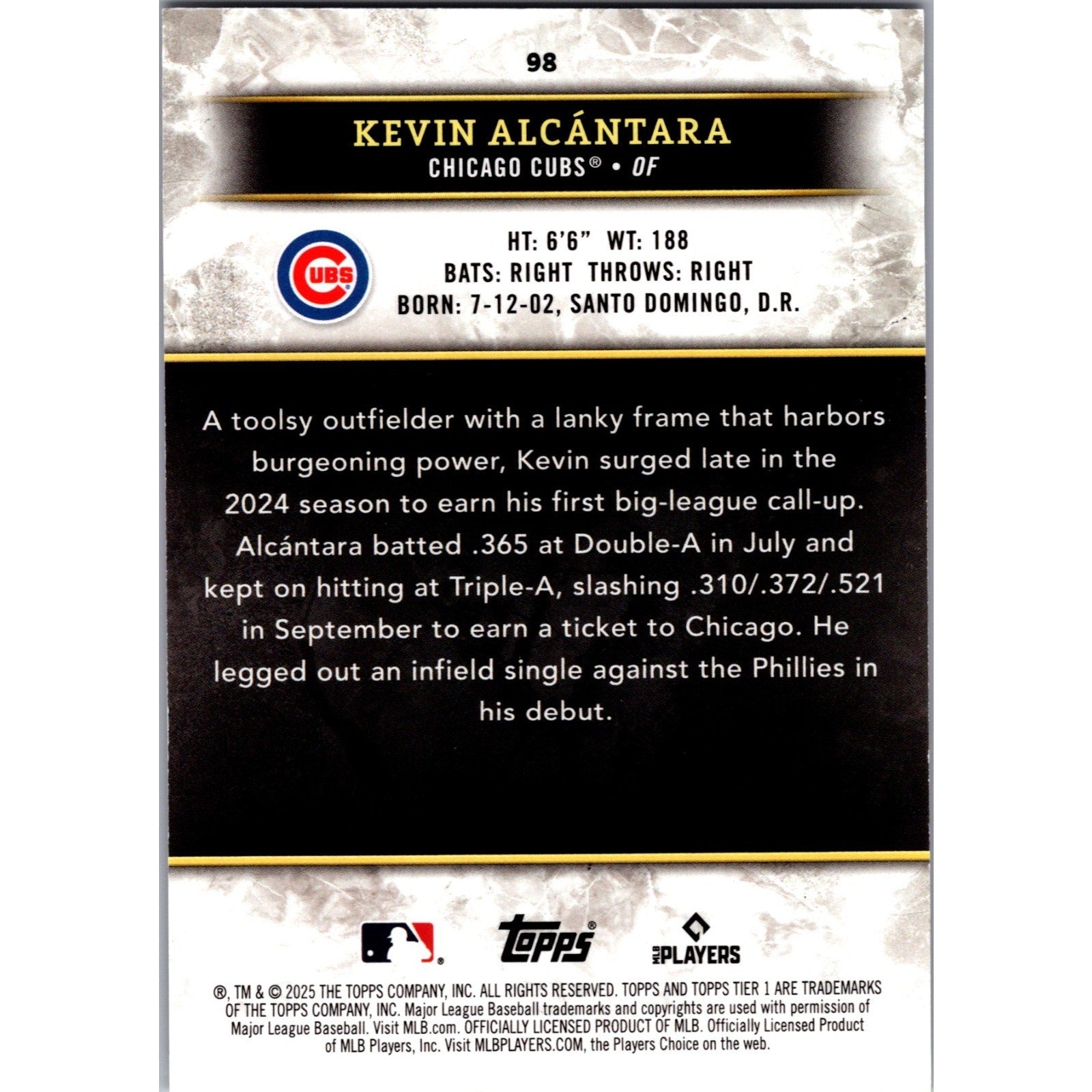 Back view of 2025 Topps Tier One Kevin Alcantara Pink Rookie RC card number 98