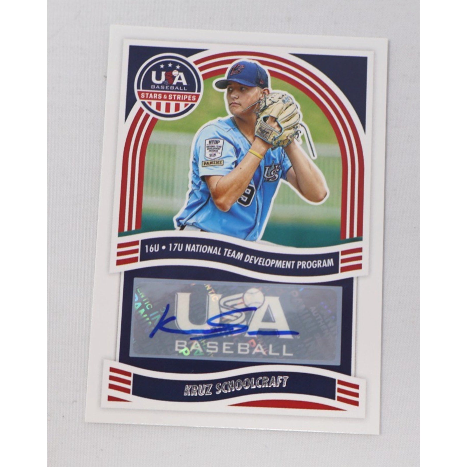 2024 Panini Stars & Stripes Kruz Schoolcraft autograph rookie prospect card featuring USA Baseball National Team Development Program branding
