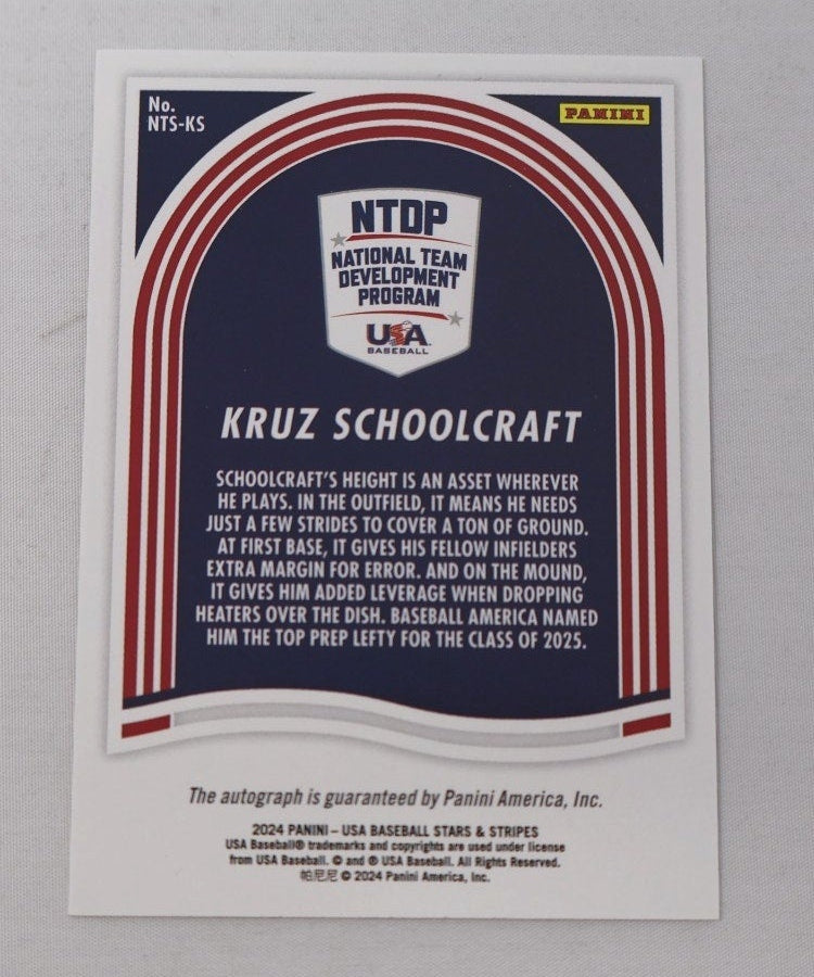 Back of Kruz Schoolcraft Stars & Stripes autograph card with player biography and card details