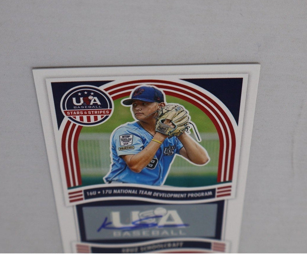 Angled front display of Kruz Schoolcraft autographed prospect card