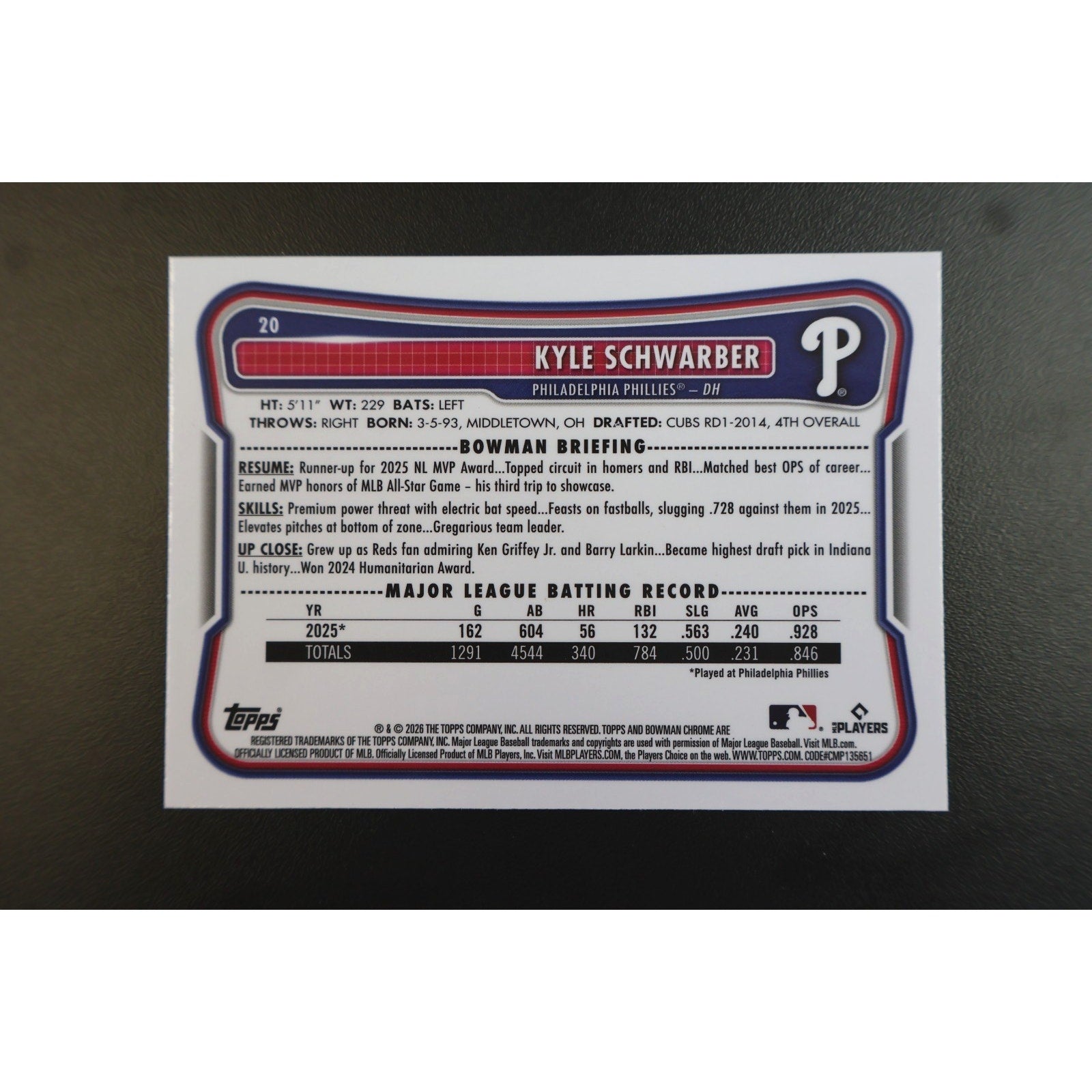 Baseball trading card back with player information on a dark background
