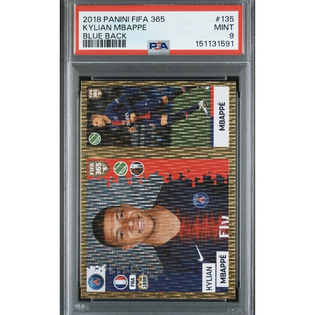 2018 Panini FIFA 365 #135 Kylian Mbappe Blue Back PSA 9 Mint soccer card front in graded PSA holder