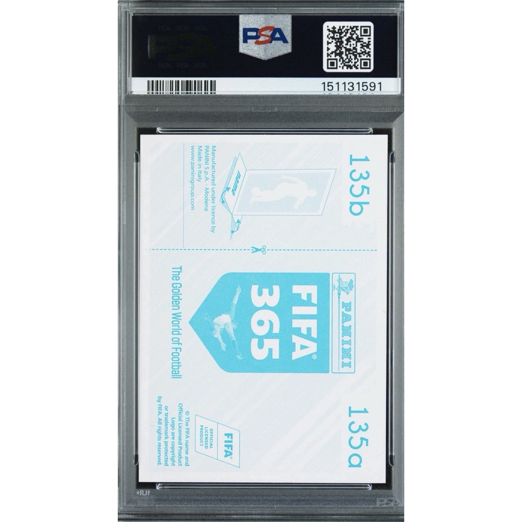 Back of 2018 Panini FIFA 365 #135 Kylian Mbappe Blue Back soccer card in PSA 9 Mint graded slab