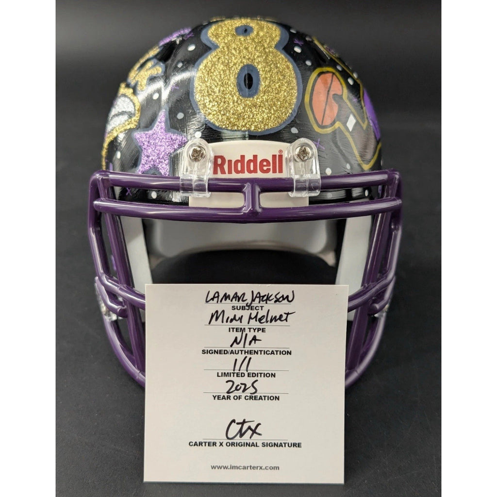 Lamar Jackson Carter X 1/1 hand-painted Baltimore Ravens mini helmet front view with custom artwork