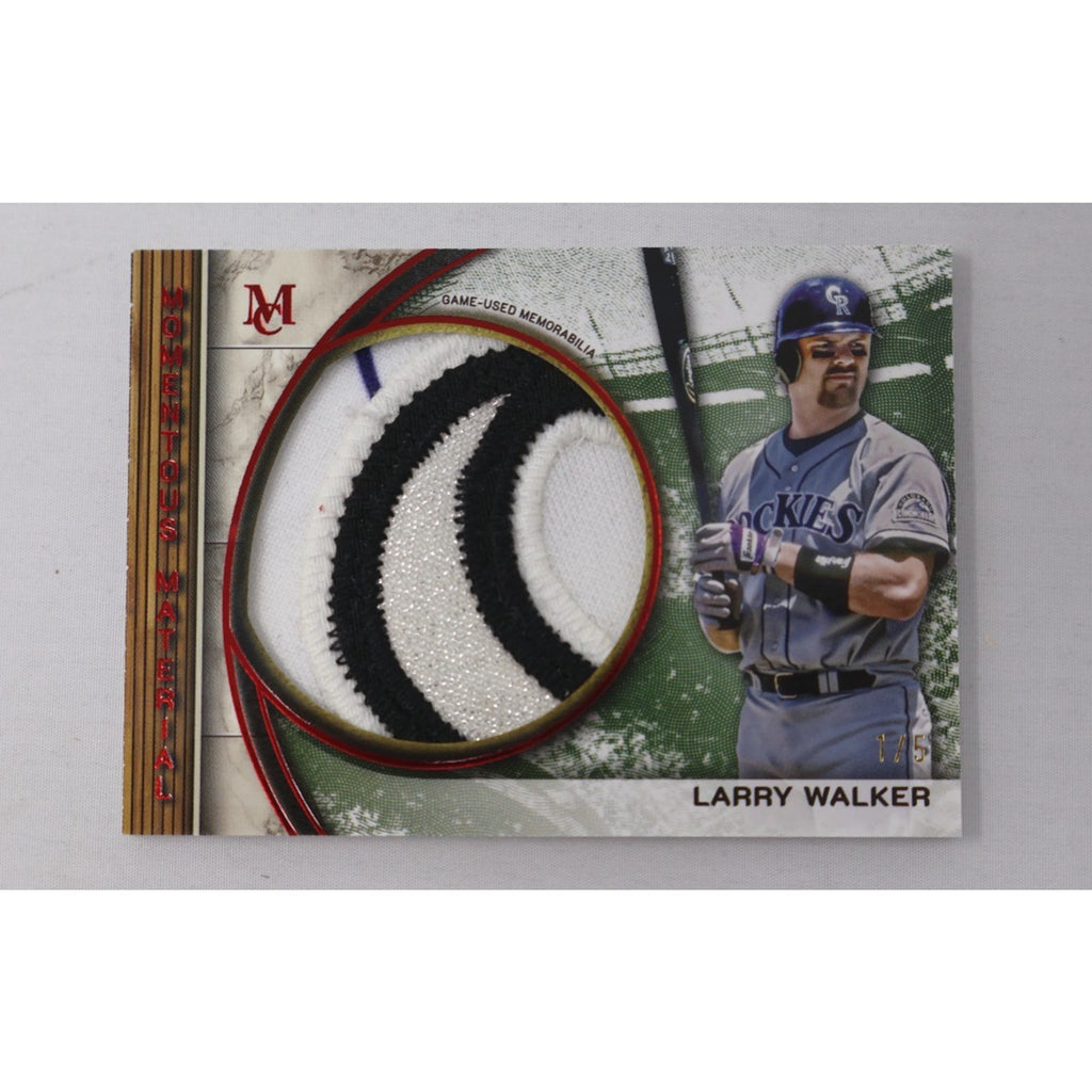 Larry Walker Topps Museum Collection Momentous Material jumbo patch card #MMJP-LW numbered /5 featuring oversized Nike swoosh-style memorabilia patch