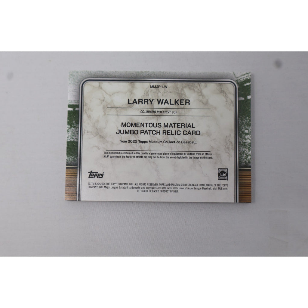 Back view of Larry Walker Topps Museum Momentous Material jumbo patch card #MMJP-LW