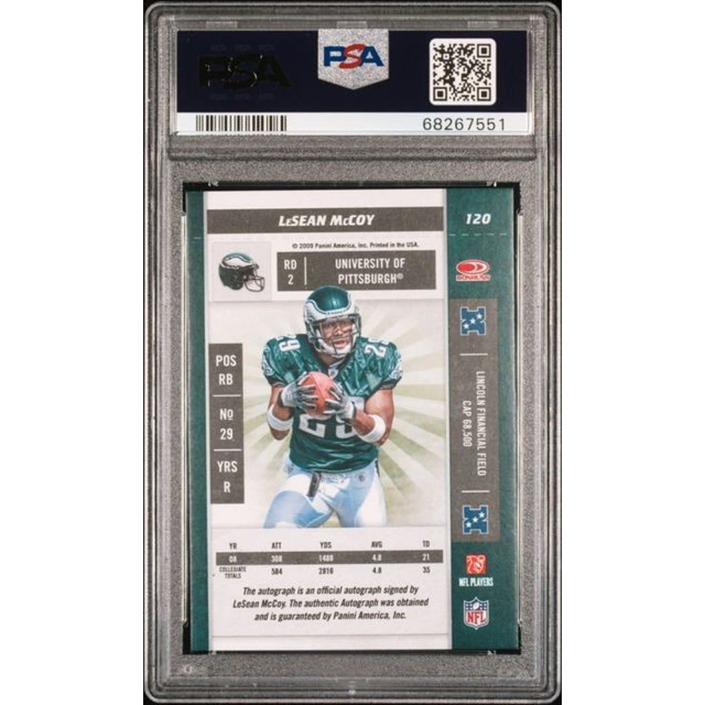 2009 Playoff Contenders LeSean McCoy Rookie Ticket Autograph #120 PSA graded card back featuring rookie card details and authentication information