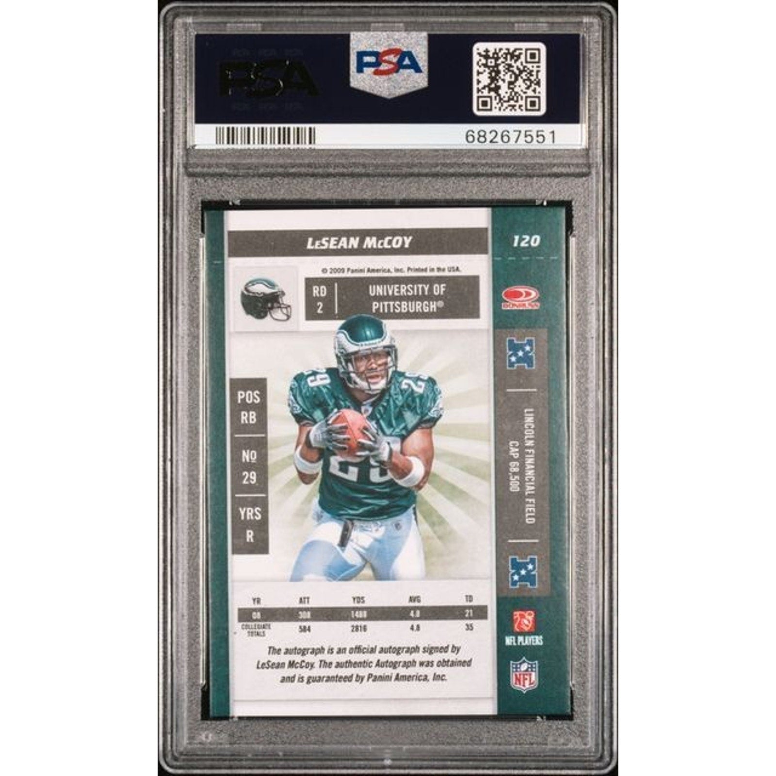 2009 Playoff Contenders LeSean McCoy Rookie Ticket Autograph #120 PSA graded card back featuring rookie card details and authentication information