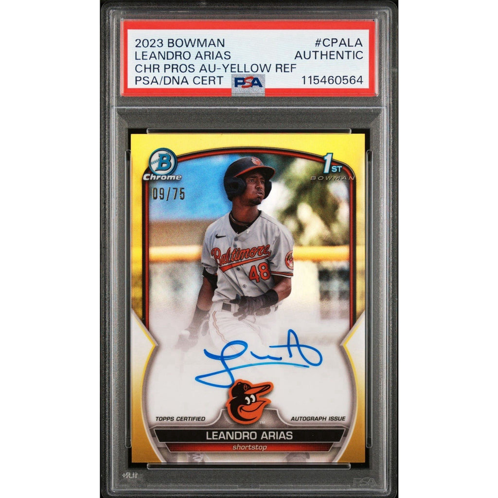 2023 Bowman Chrome Leandro Arias Rookie Auto Gold Refractor card #CPA-LA numbered to 50 PSA authenticated Baltimore Orioles prospect collectible