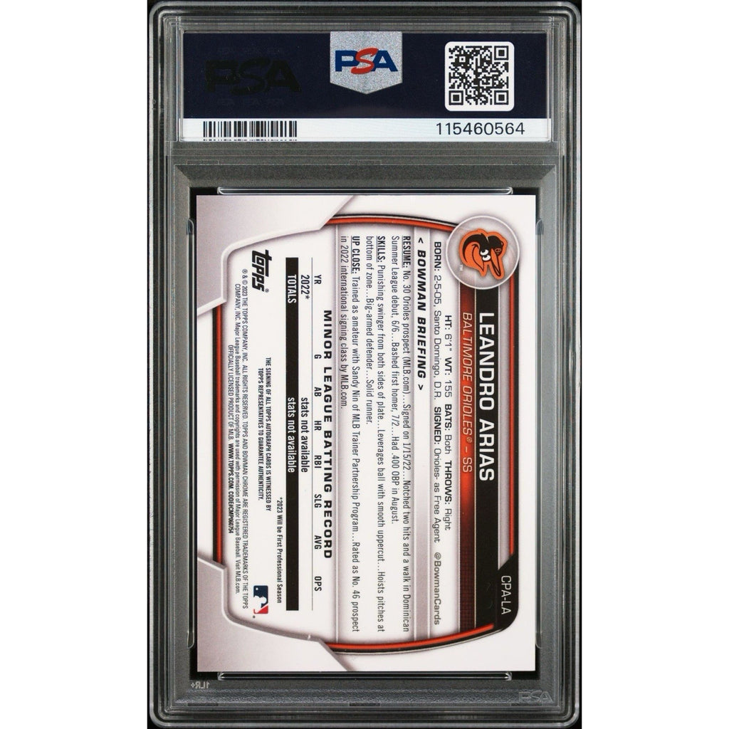 Back of 2023 Bowman Chrome Leandro Arias Gold Refractor rookie autograph card #CPA-LA PSA authenticated Orioles collectible