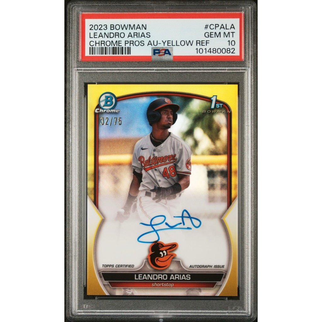2023 Bowman Draft Leandro Arias Yellow Refractor auto rookie card /75 PSA 10 front view