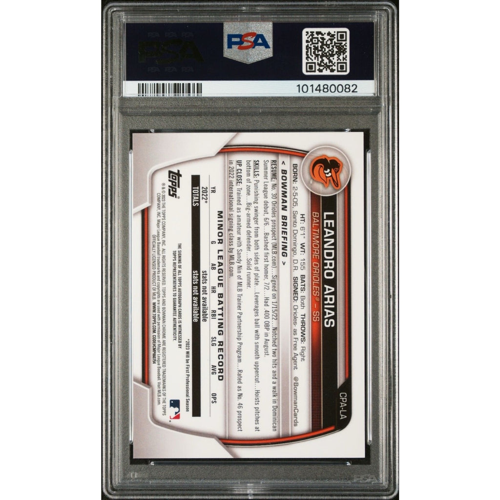 Back view of 2023 Bowman Draft Leandro Arias Yellow Refractor autograph card /75 PSA 10