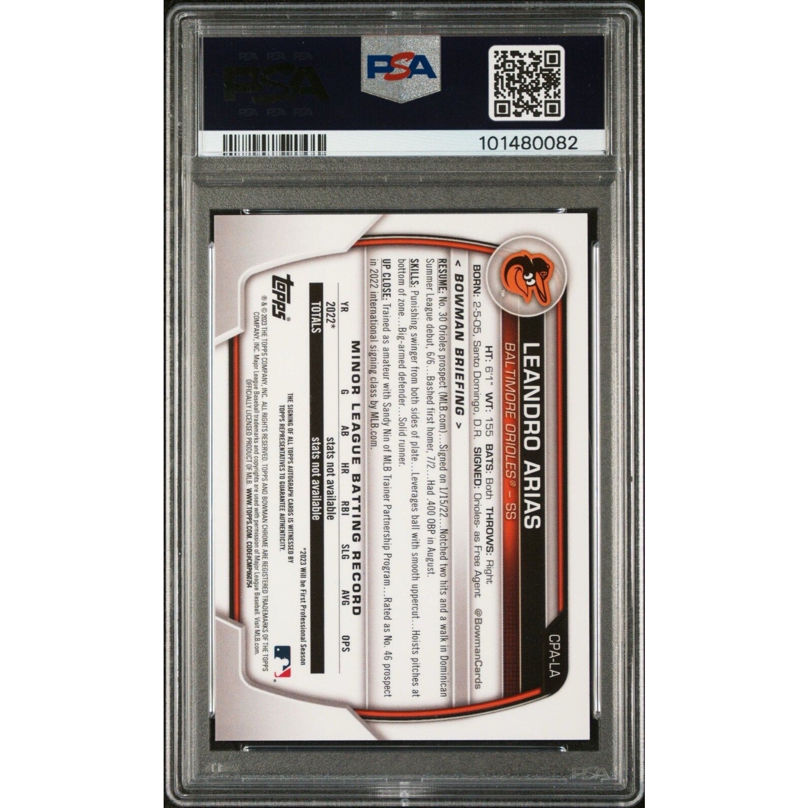 Back view of 2023 Bowman Draft Leandro Arias Yellow Refractor autograph card /75 PSA 10