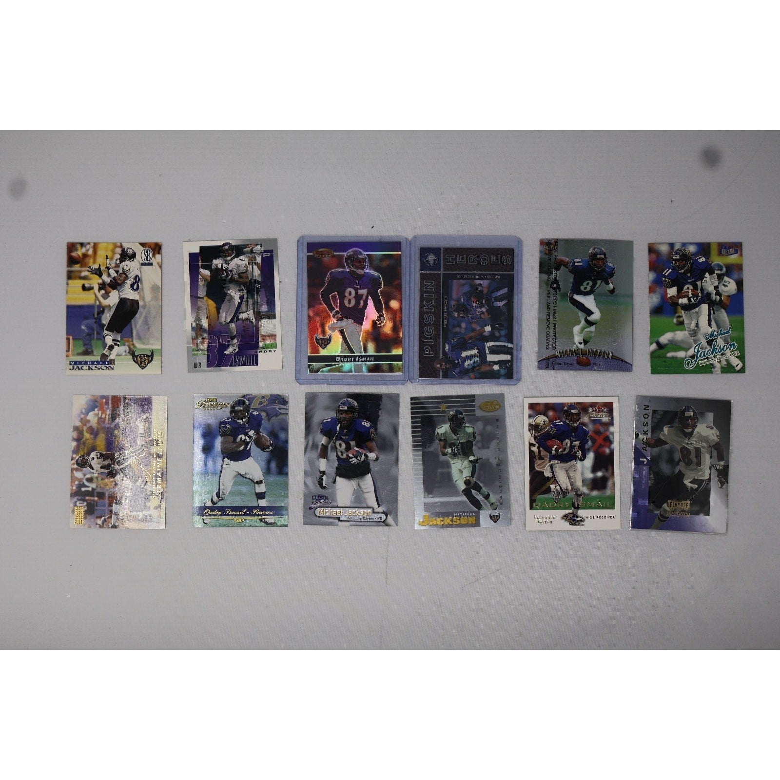 Lot of 12 Michael Jackson and Quadry Ismail Baltimore Ravens rookie and insert football trading cards in Near Mint condition