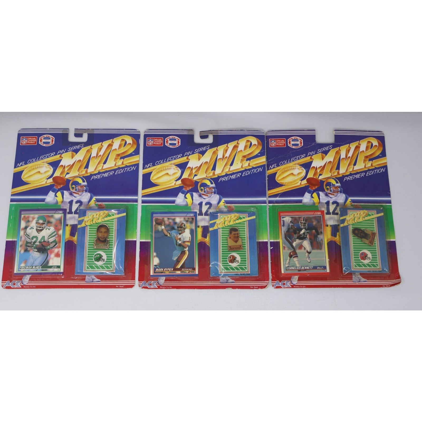 Lot of three unopened 1990 NFL MVP Collector Pin Series football packs