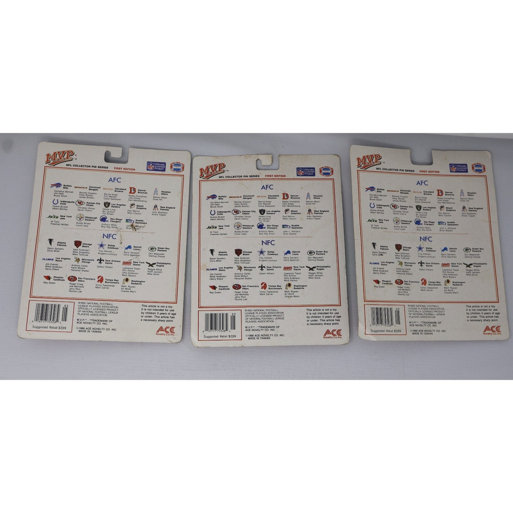 Rear view of vintage NFL MVP Collector Pin Series packs showing player information and packaging details