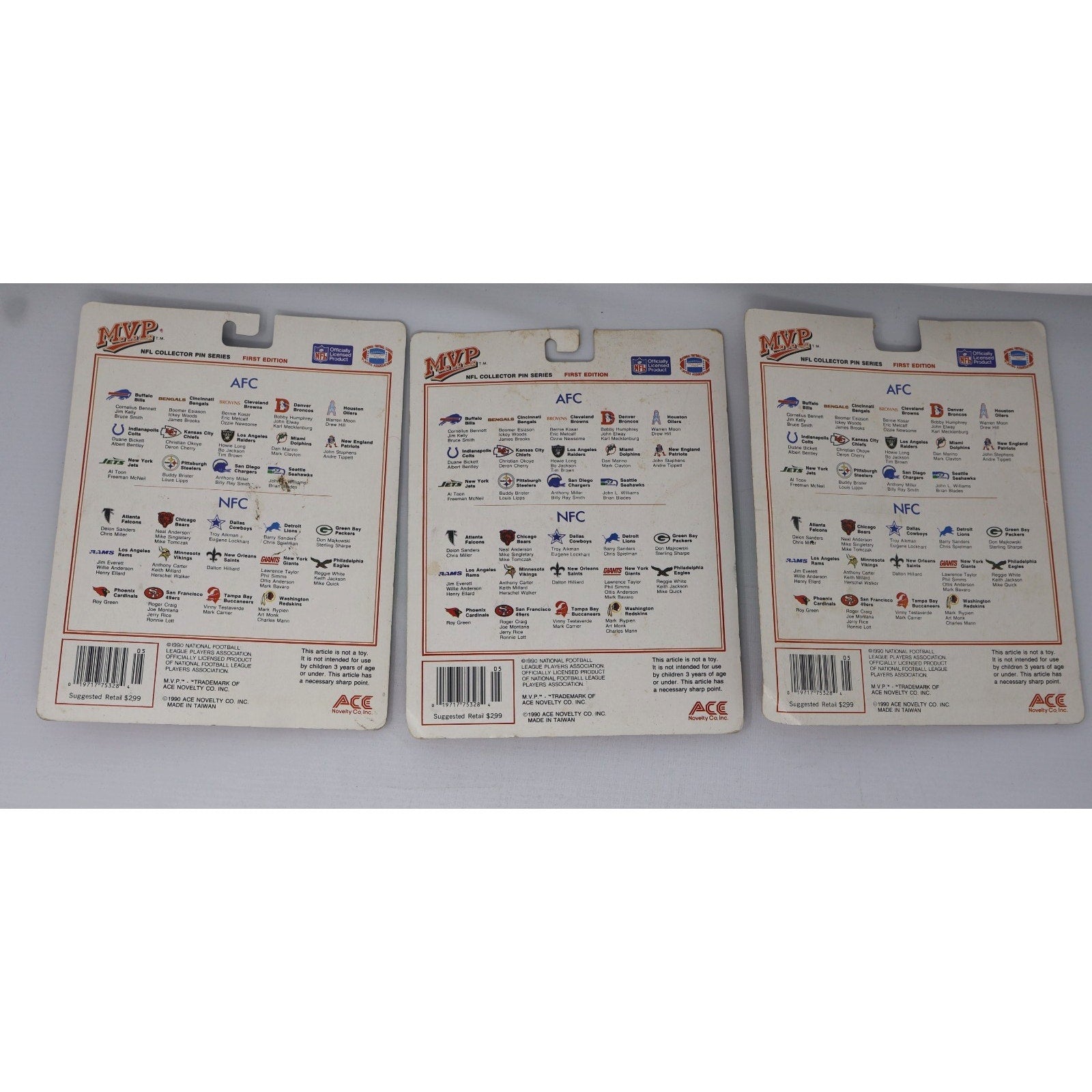 Rear view of vintage NFL MVP Collector Pin Series packs showing player information and packaging details