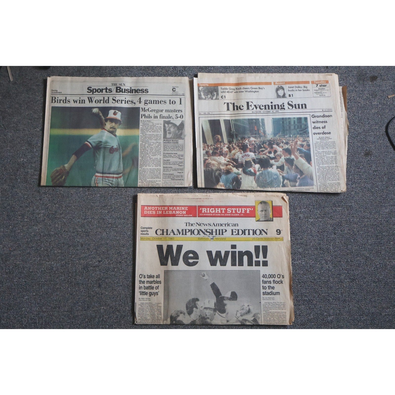 Lot of 3 Baltimore Orioles 1983 World Series Champions newspapers featuring historic front pages and sports coverage