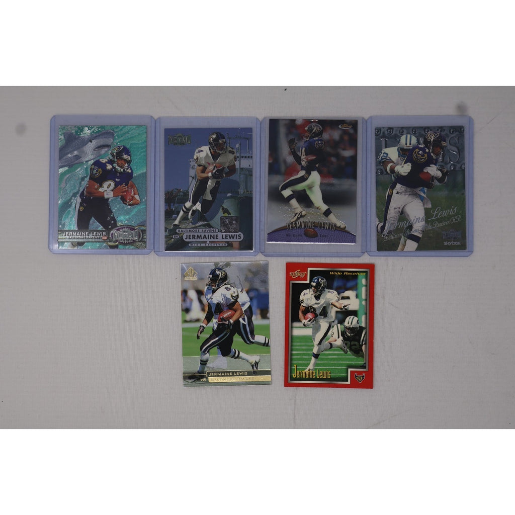Lot of 6 Jermaine Lewis Baltimore Ravens insert football trading cards featuring multiple Ravens-era NFL card designs in Near Mint condition