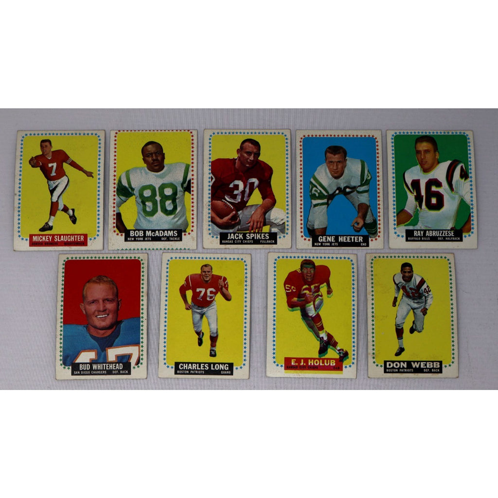 Lot of vintage 1964 Topps AFL football trading cards featuring multiple players
