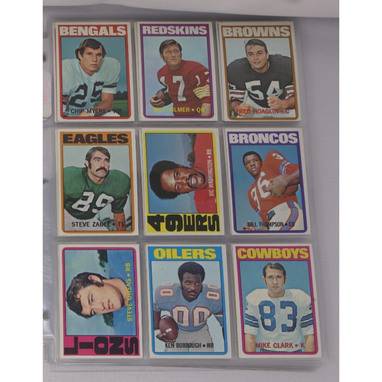 Lot of 9 vintage 1972 Topps football cards featuring NFL stars and Hall of Fame players from the Bengals, Redskins, Browns, Eagles, Broncos, Oilers, and Cowboys