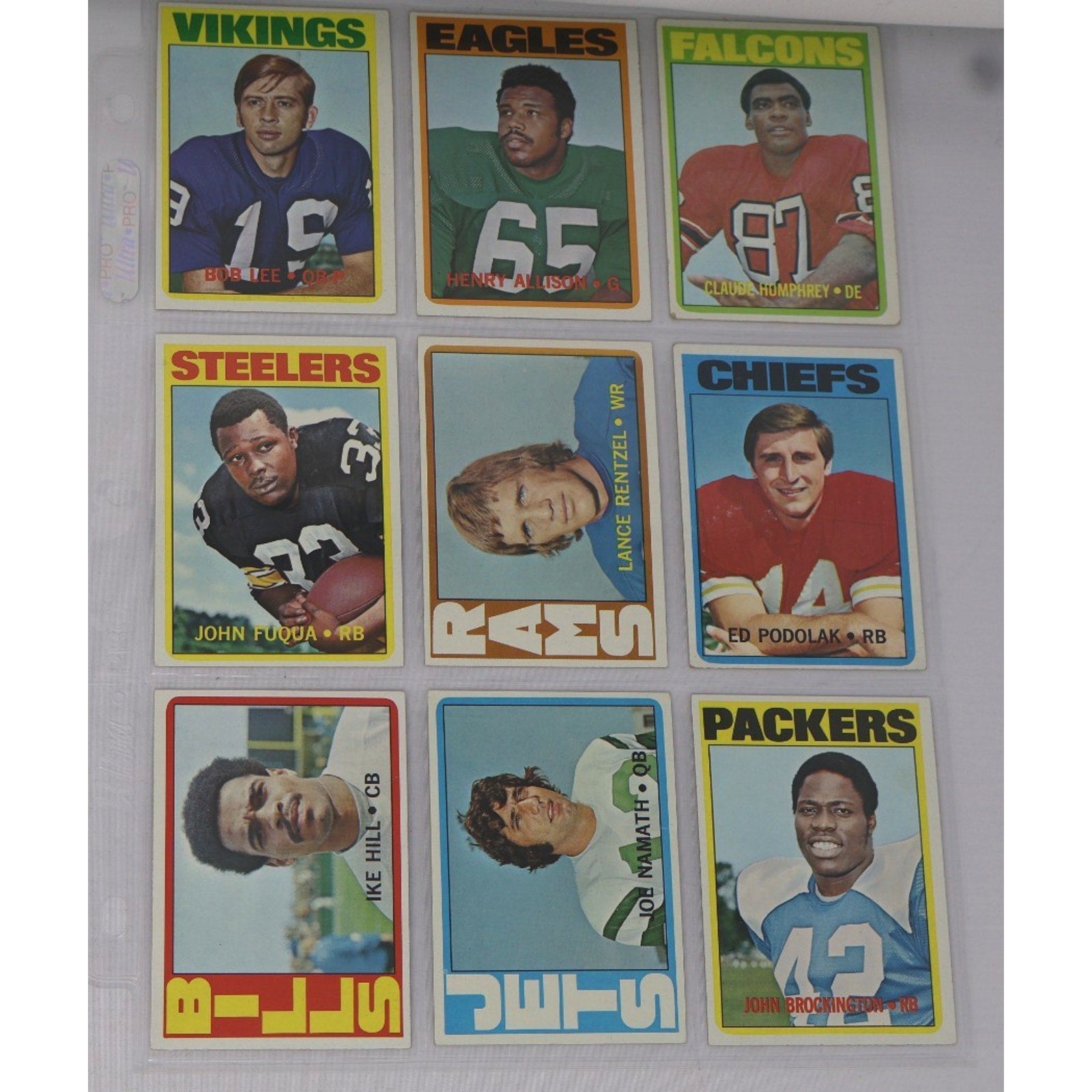 Collection of vintage football trading cards featuring various players from different teams.