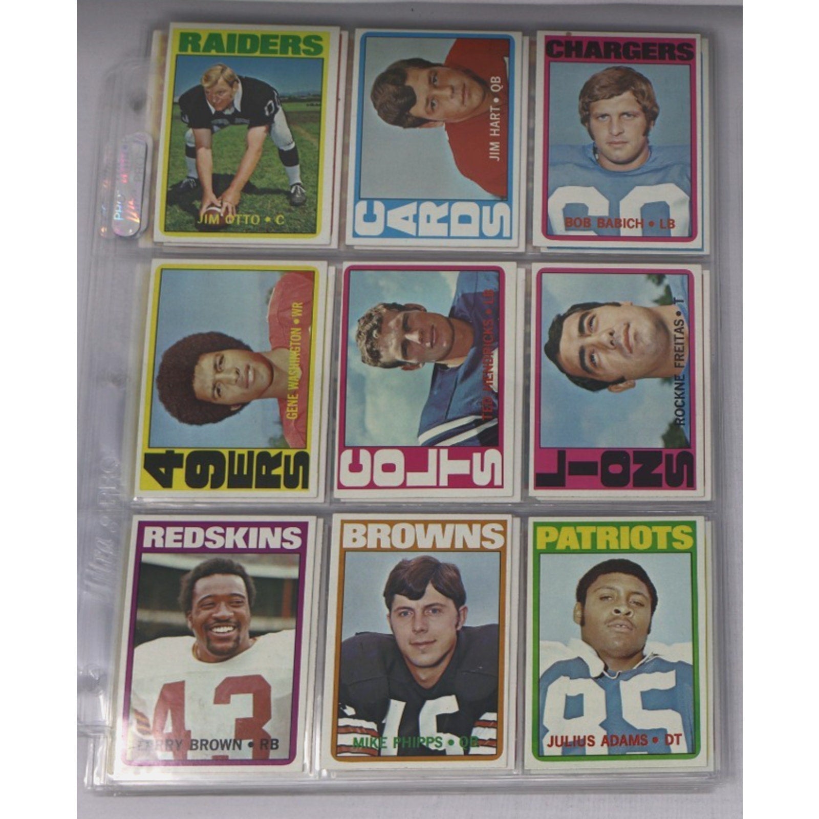 Lot of 9 vintage 1972 Topps football cards featuring NFL stars and Hall of Fame players including Otto Brown, Jim Hart, and players from the Raiders, Chargers, Browns, Patriots, and Redskins