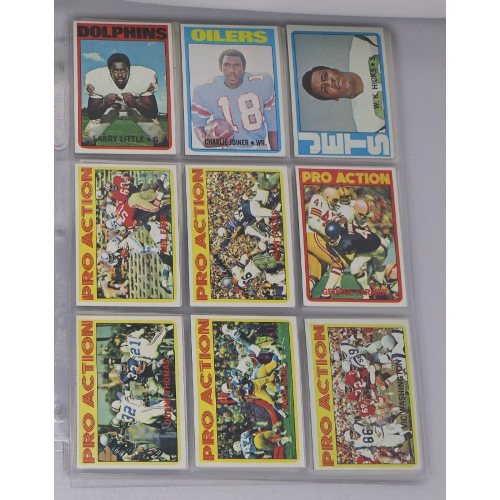 Lot of 9 vintage 1972 Topps football cards featuring NFL stars and Hall of Fame players including Johnny Unitas and Pro Action cards