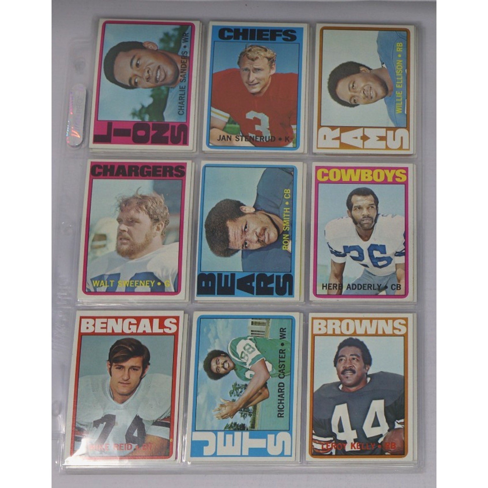 Collection of vintage football trading cards featuring various players and teams.