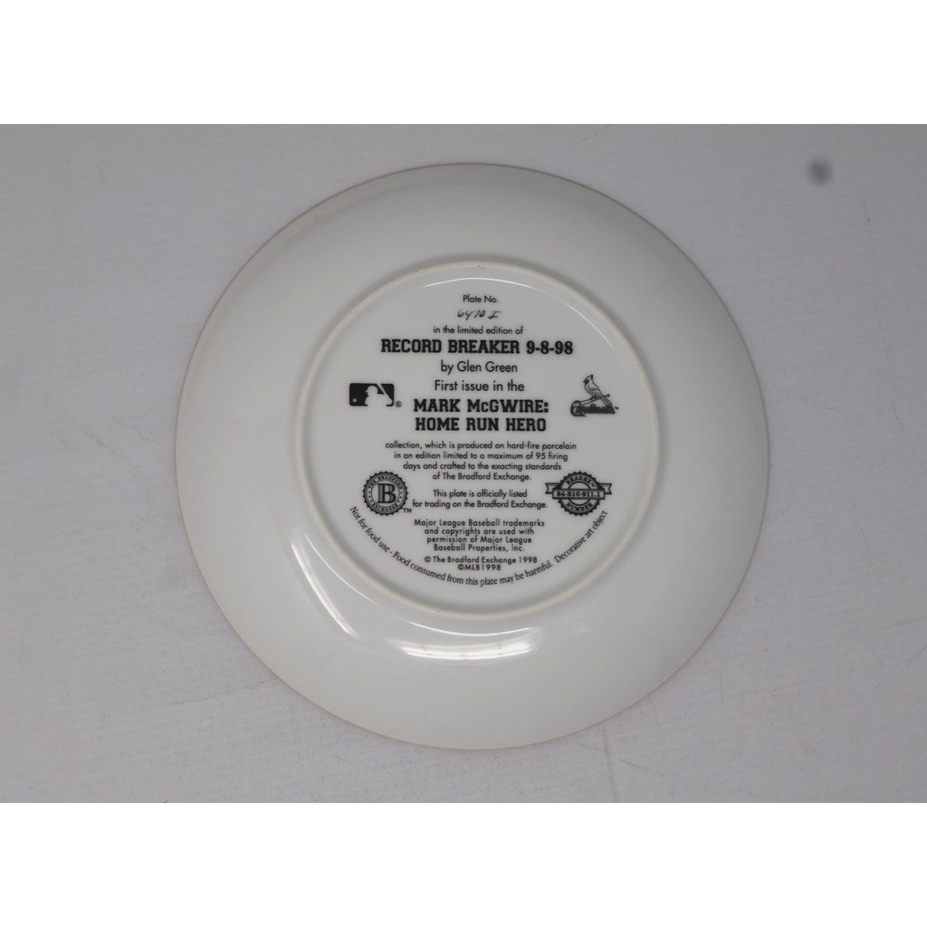 Back view of Bradford Exchange Mark McGwire commemorative collector plate showing production details