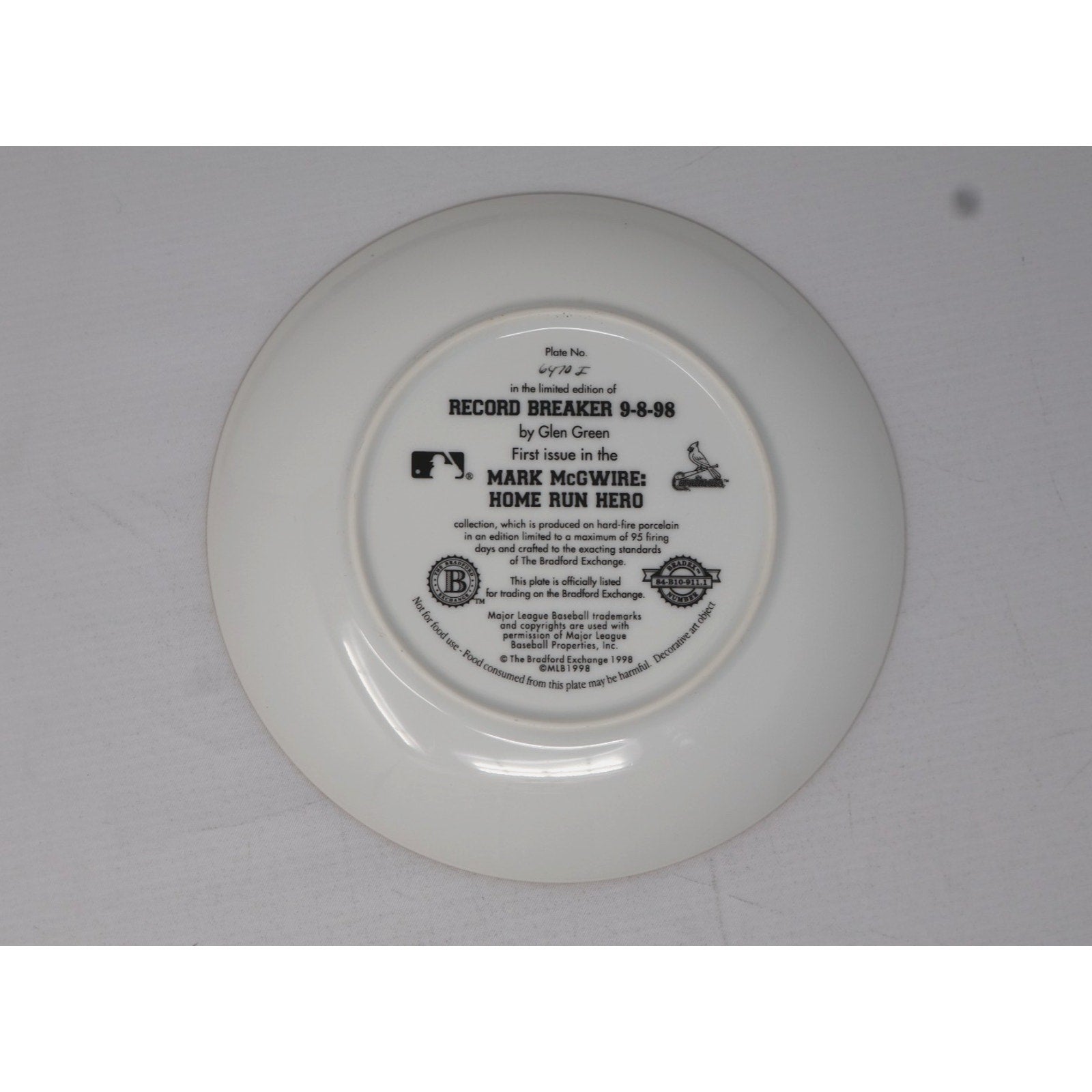 Back view of Bradford Exchange Mark McGwire commemorative collector plate showing production details