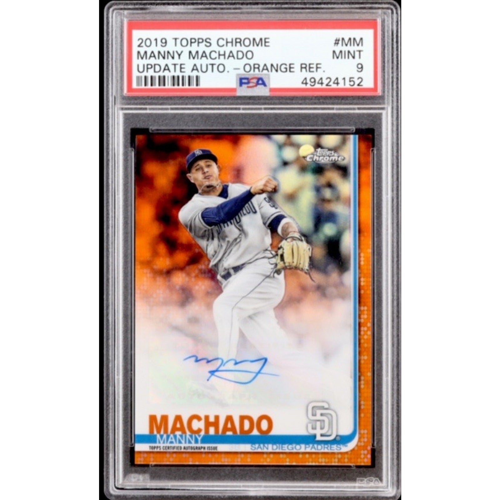 2019 Topps Chrome Update Manny Machado Orange Refractor autograph card numbered to 25 PSA graded featuring San Diego Padres star