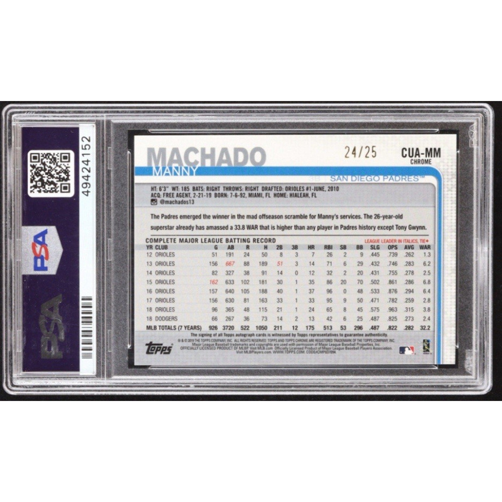 Back of 2019 Topps Chrome Update Manny Machado Orange Refractor auto card #CUA-MM PSA graded collectible