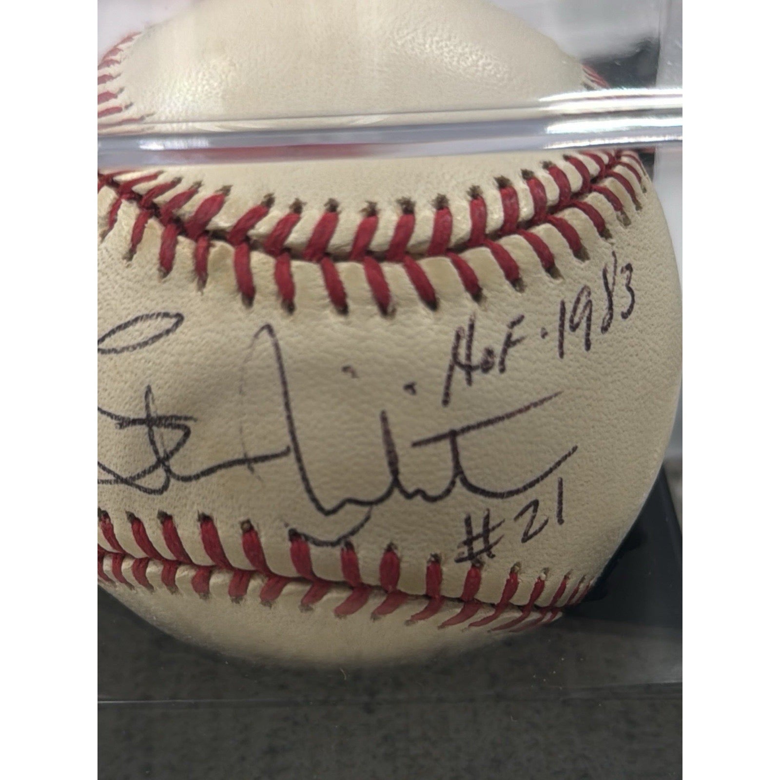 Close-up of Mario Lemieux and Stan Mikita signed baseball with HOF 1983 inscription and PSA certification