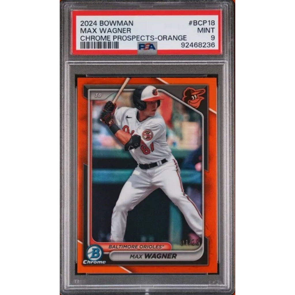 2024 Bowman Chrome Prospects Max Wagner Orange Refractor rookie card /25 PSA 9 front view