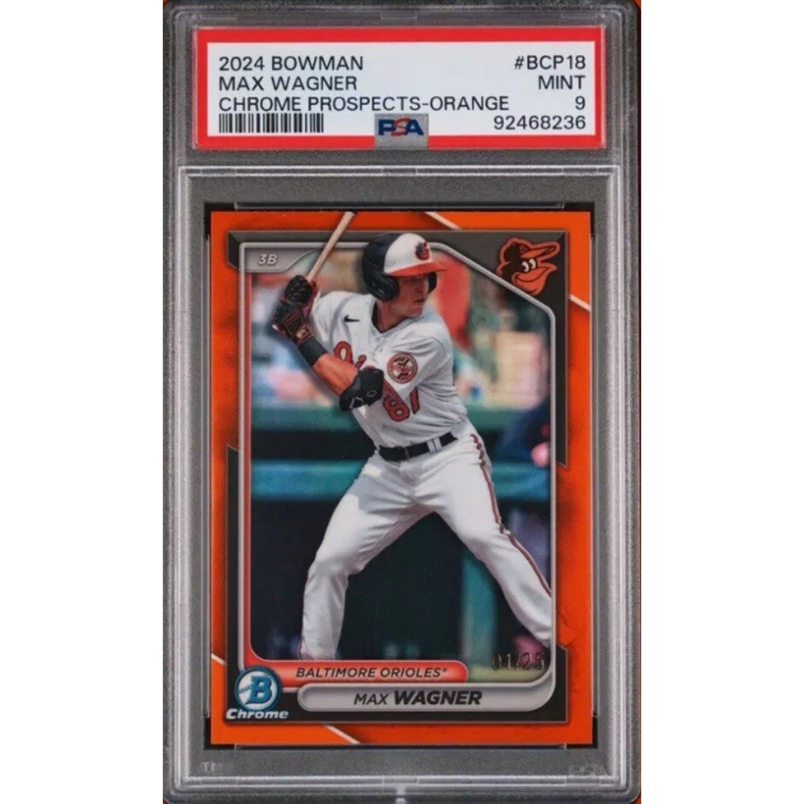2024 Bowman Chrome Prospects Max Wagner Orange Refractor rookie card /25 PSA 9 front view