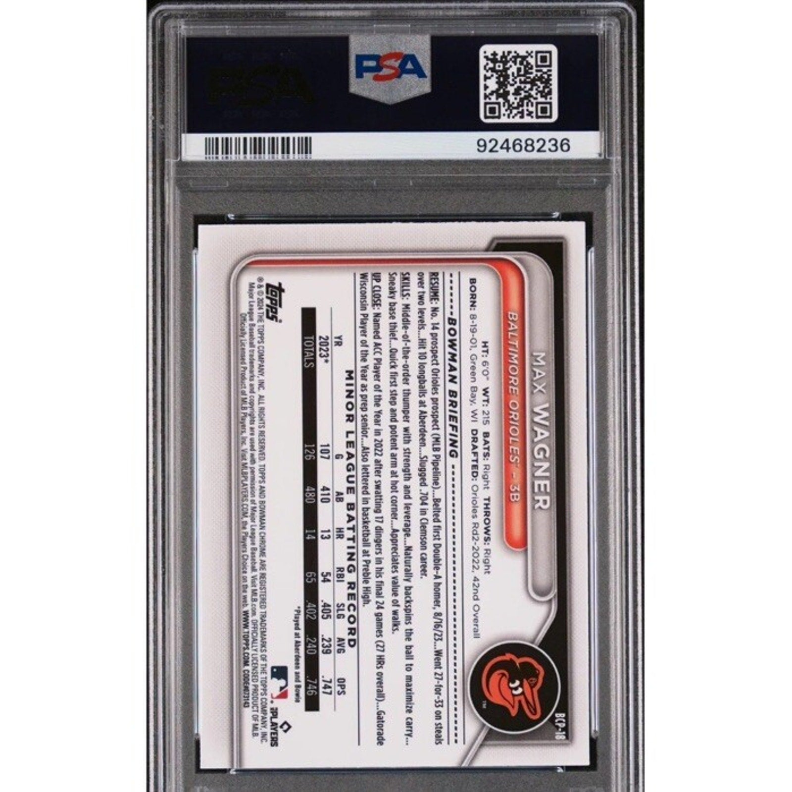 Back view of 2024 Bowman Chrome Max Wagner Orange Refractor prospect card /25 PSA 9