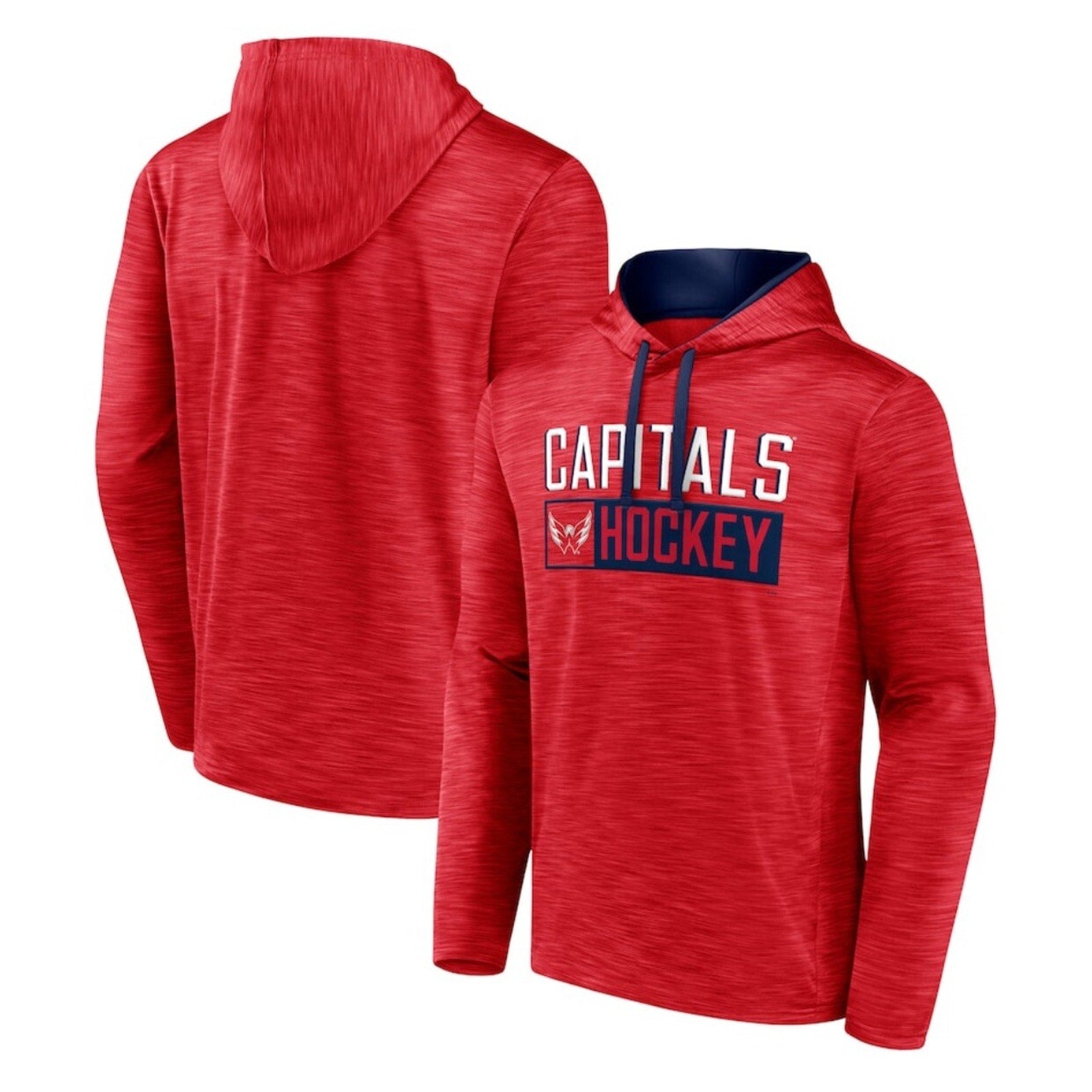 Men's Fanatics Heather Red Washington Capitals Close Shave pullover hoodie front and back view