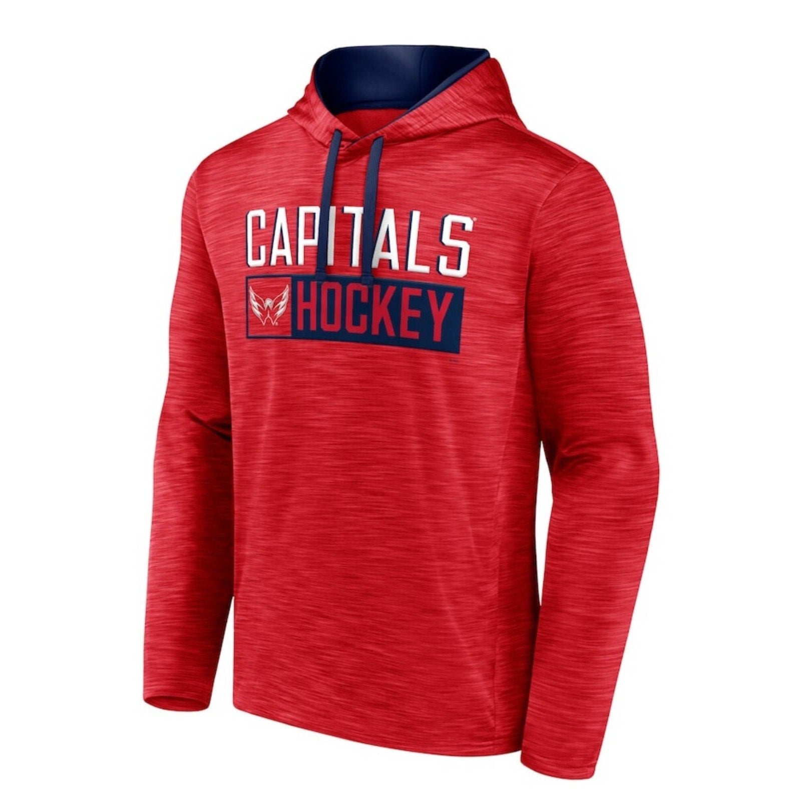 Front view of Washington Capitals Heather Red Close Shave pullover hockey hoodie for men