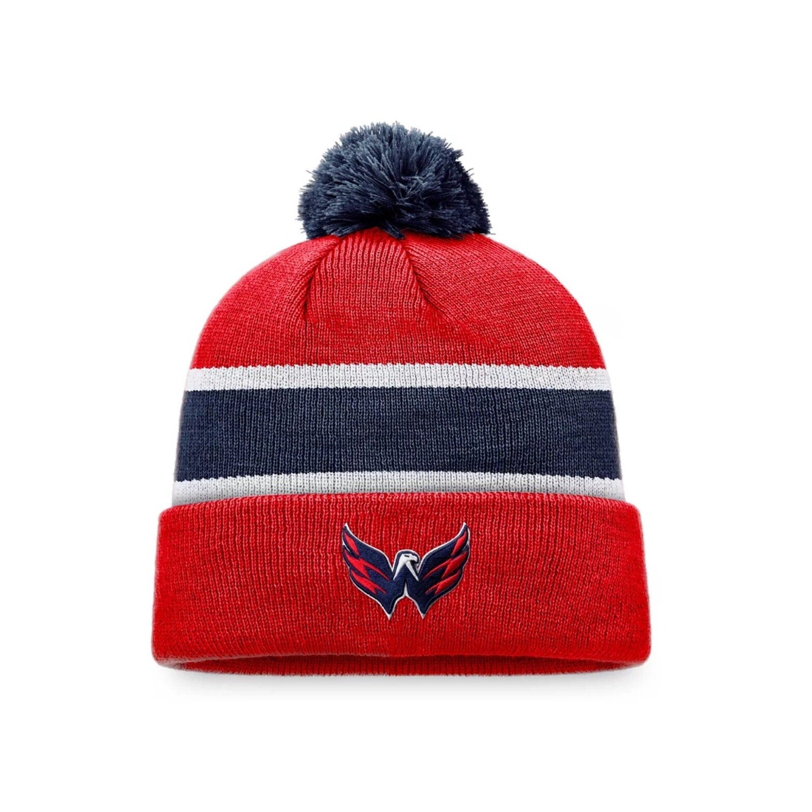Men's Fanatics Washington Capitals red and navy cuffed knit hat with pom front view