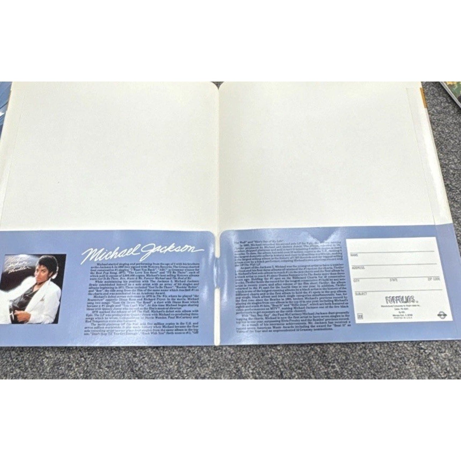 Inside view of vintage Michael Jackson Human Nature Popfolio school folder with original 1983 interior graphics and inserts